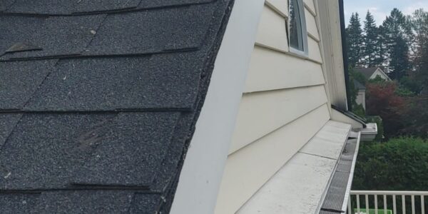 Steep shingled gable roof beside siding