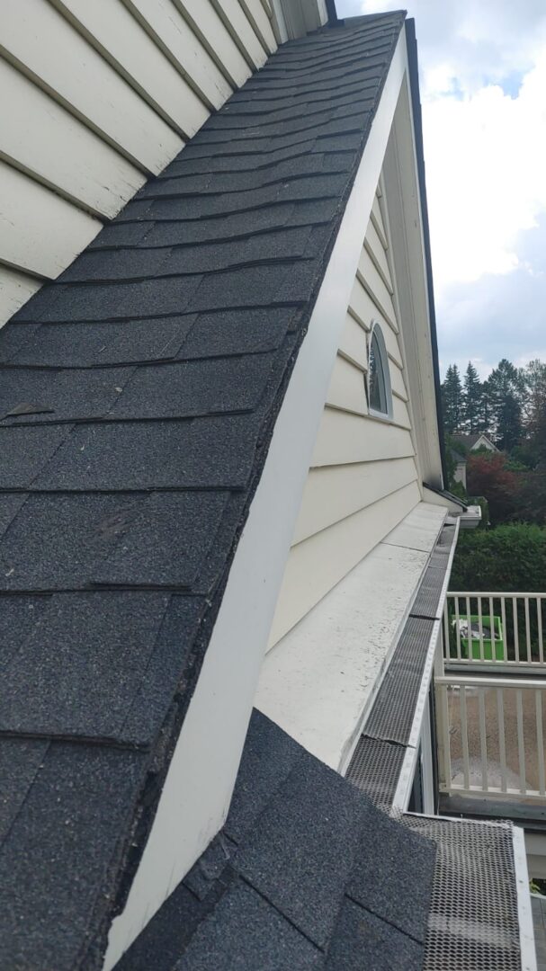 Steep shingled gable roof beside siding